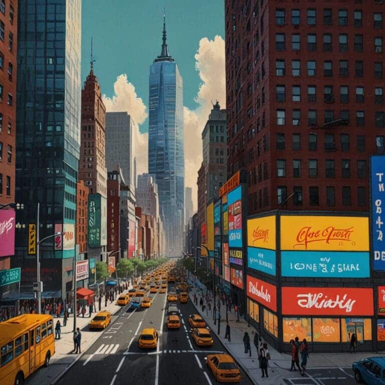 A bustling cityscape with iconic skyscrapers and billboards, showcasing vibrant animation studios and sports-themed artwork. The energy of New York's animation industry is palpable, drawing in sports fans with its captivating visuals