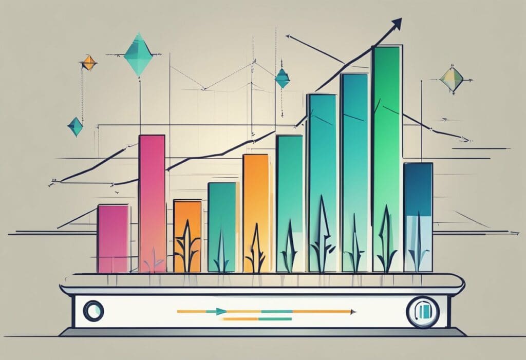 A bar graph rises steadily on a digital screen, accompanied by upward arrows and a "success" label