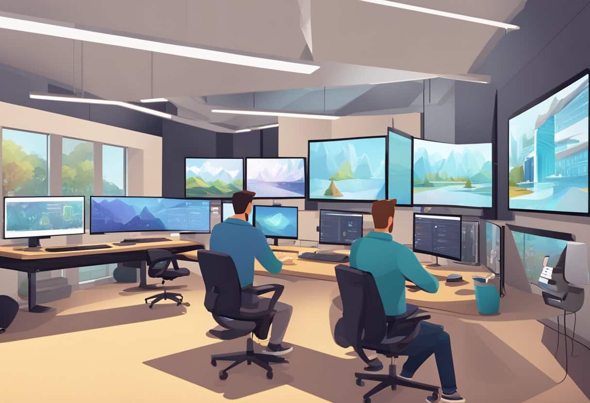 A modern, sleek animation studio with state-of-the-art equipment and a team of creative professionals working on digital signage projects