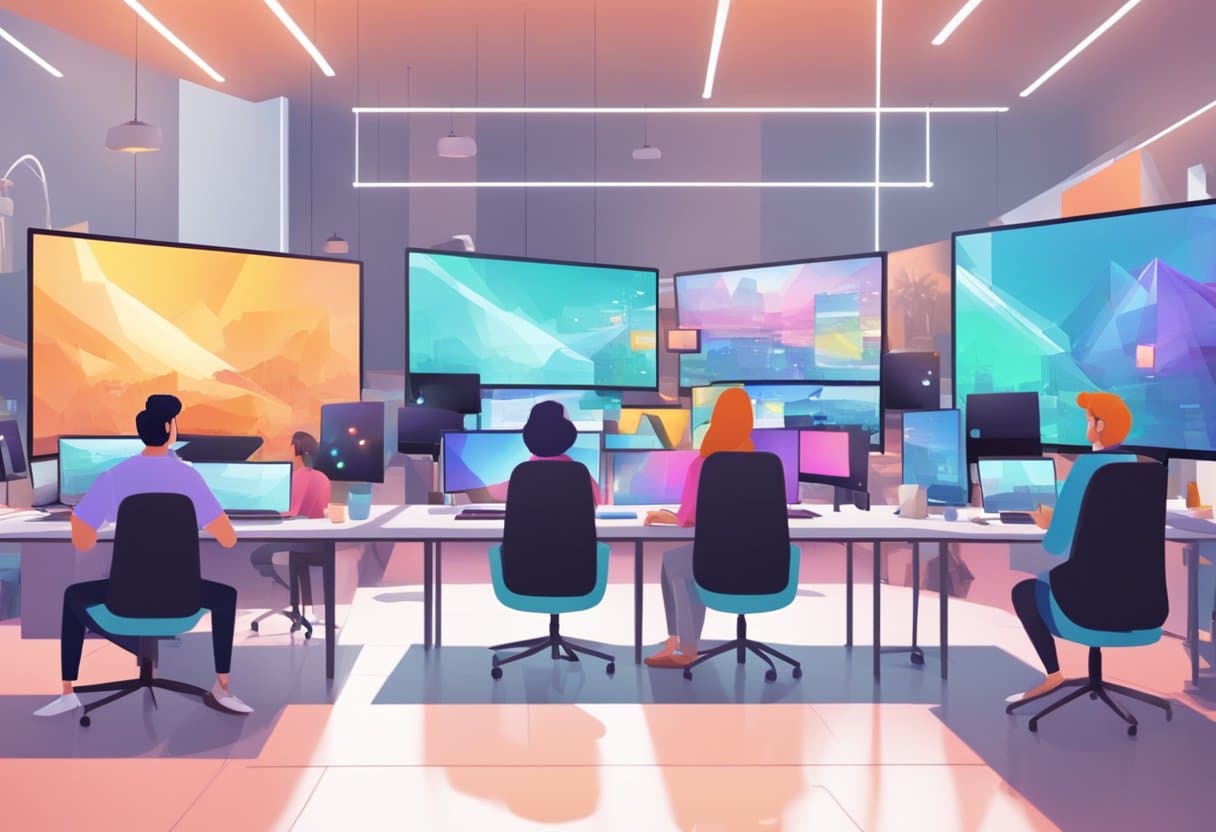 An animation team collaborates in a modern studio, surrounded by digital signage. Computer screens and design equipment fill the space, with a vibrant, creative atmosphere