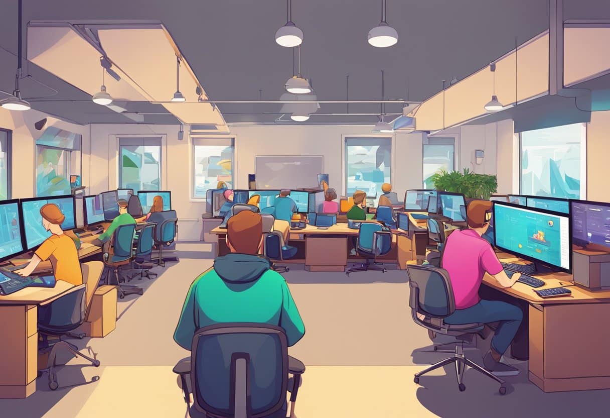 A bustling animation studio in Exeter, filled with artists and designers creating vibrant digital signage. Computers hum as they bring colorful characters and graphics to life