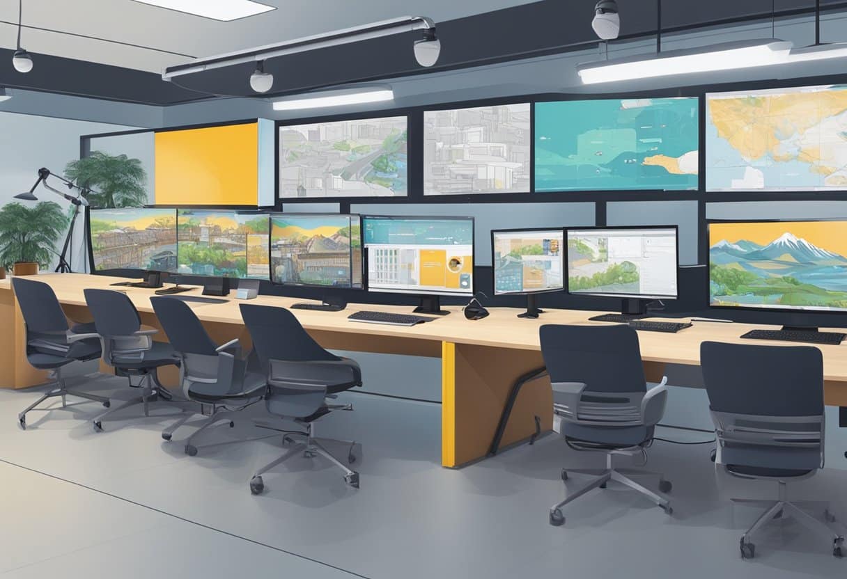 A bustling animation studio in Exeter, filled with cutting-edge technology and creative energy. Digital signage projects adorn the walls, showcasing the studio's expertise in captivating visual storytelling