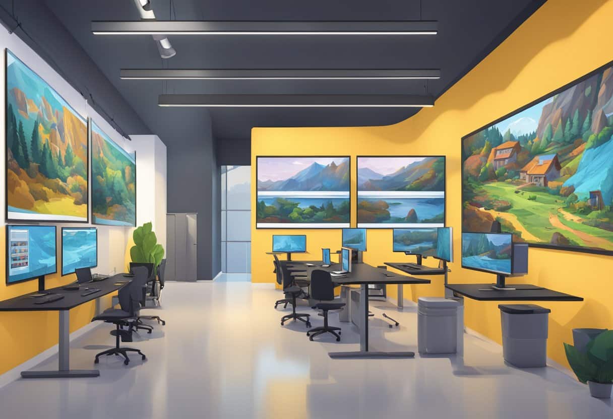 A modern animation studio in Exeter, with digital signage and high-tech equipment. Brightly lit workstations and large screens fill the space