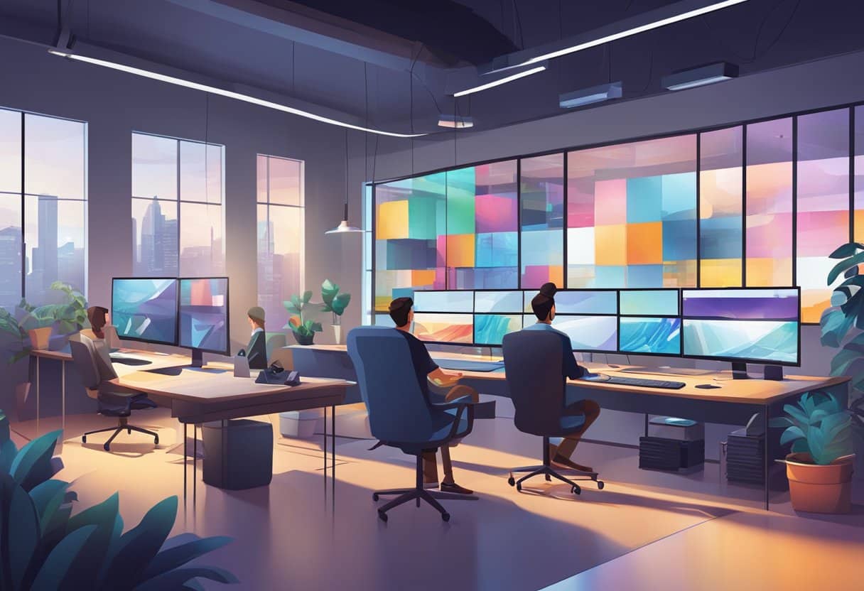 A modern studio with sleek computers, large monitors, and vibrant digital signage displays. The space is filled with creativity and innovation, with a team of professionals collaborating on cutting-edge projects