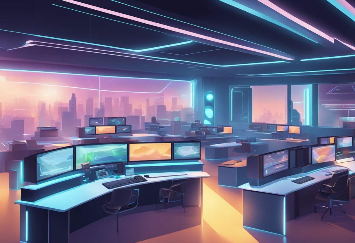 A futuristic animation studio with high-tech equipment and creative energy. Bright lights and sleek design convey innovation and professionalism