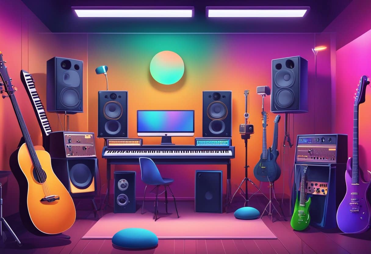A colorful studio with musical instruments and video equipment. Bright lights and soundproof walls create a vibrant atmosphere for creating music videos