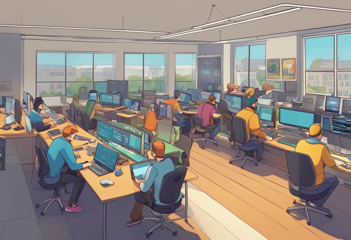 A bustling animation studio in Lancashire, with artists collaborating on vibrant music video projects