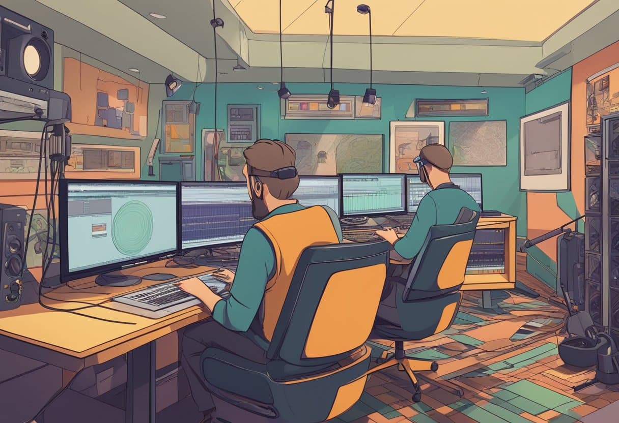 A bustling animation studio in Lancashire, filled with creative energy and cutting-edge technology, producing vibrant music videos