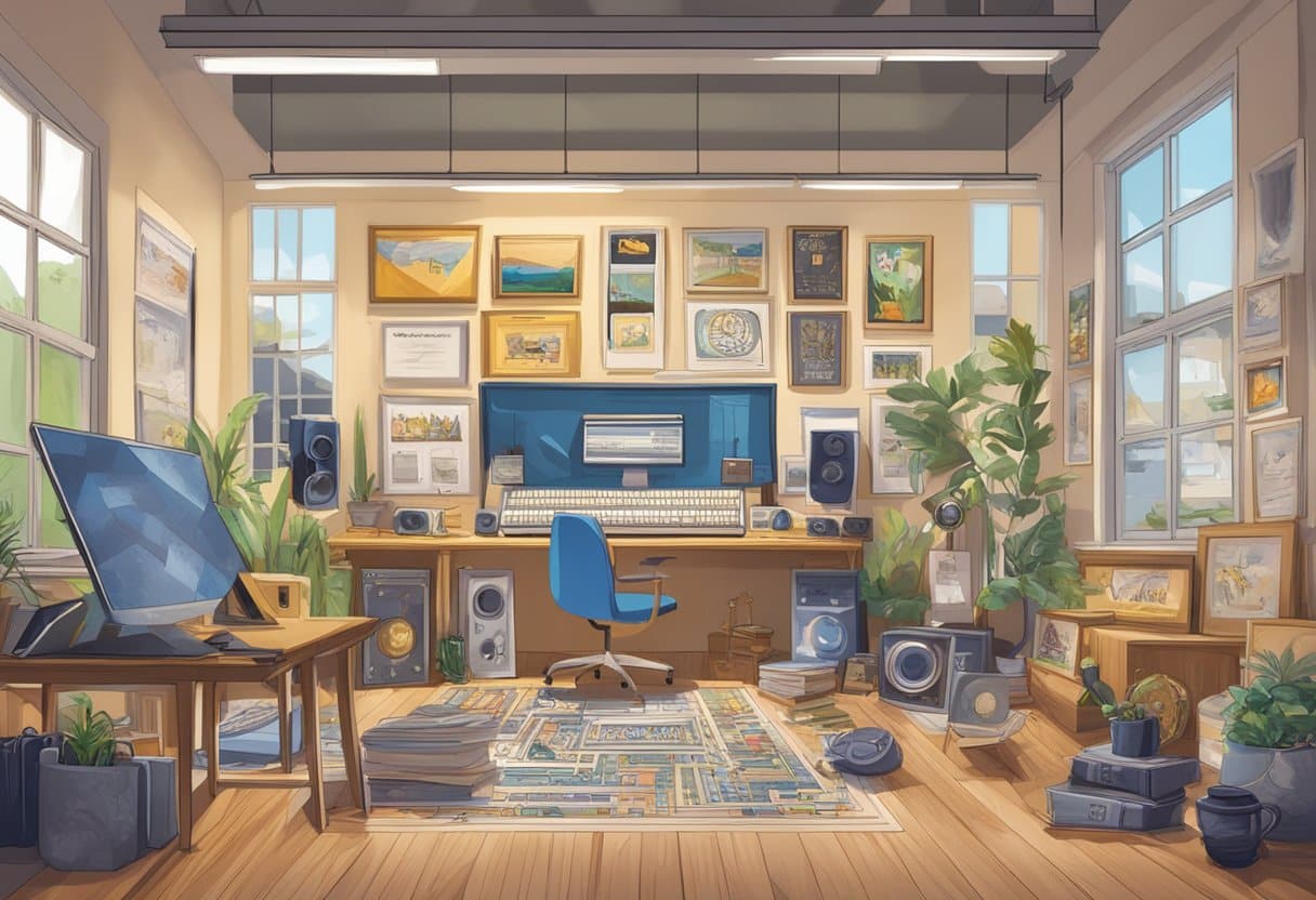 A studio sign with "Lancashire's Leading Animation Studios for Music Videos" surrounded by award trophies and certificates