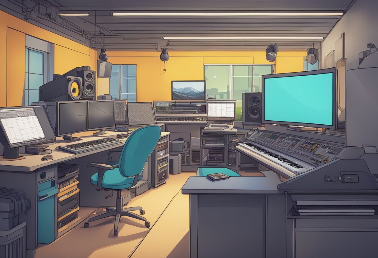 A bustling animation studio in Lancashire, filled with cutting-edge technology and creative energy, producing vibrant music video animations