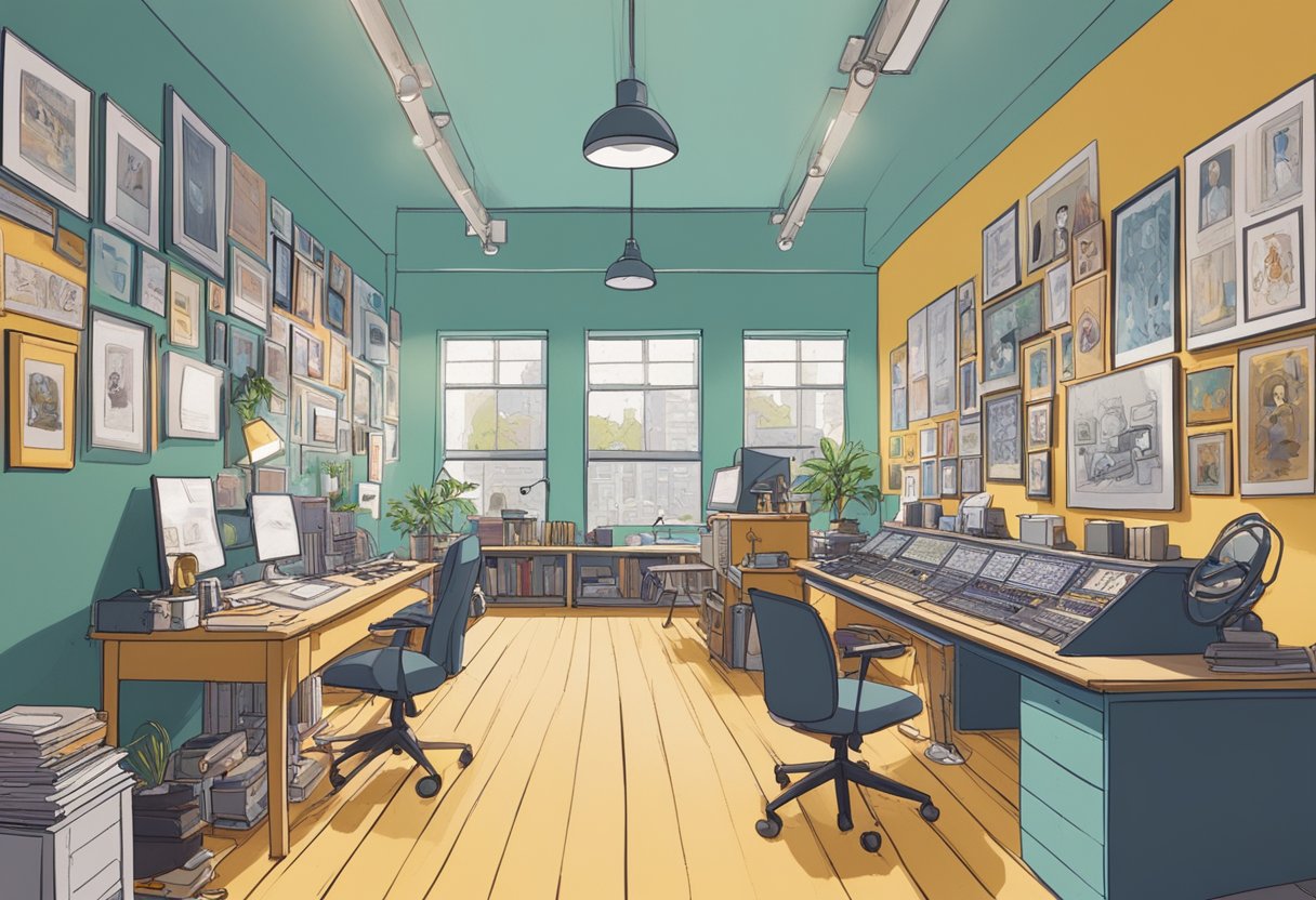 A bustling studio filled with diverse artists and animators, creating innovative and impactful content. Awards and accolades line the walls, showcasing the industry recognition and cultural impact of the UK animation scene