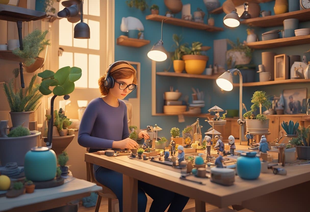 A stop motion animator meticulously arranges miniature props and characters in a whimsical setting, surrounded by cutting-edge technology and innovative tools