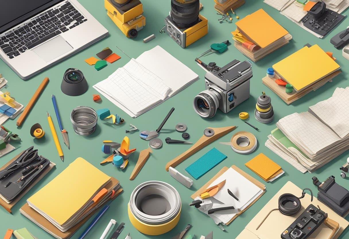 A cluttered worktable with various stop motion animation tools and materials, including miniature props, armatures, and a camera setup for capturing the magic of crafting unique and memorable commercials