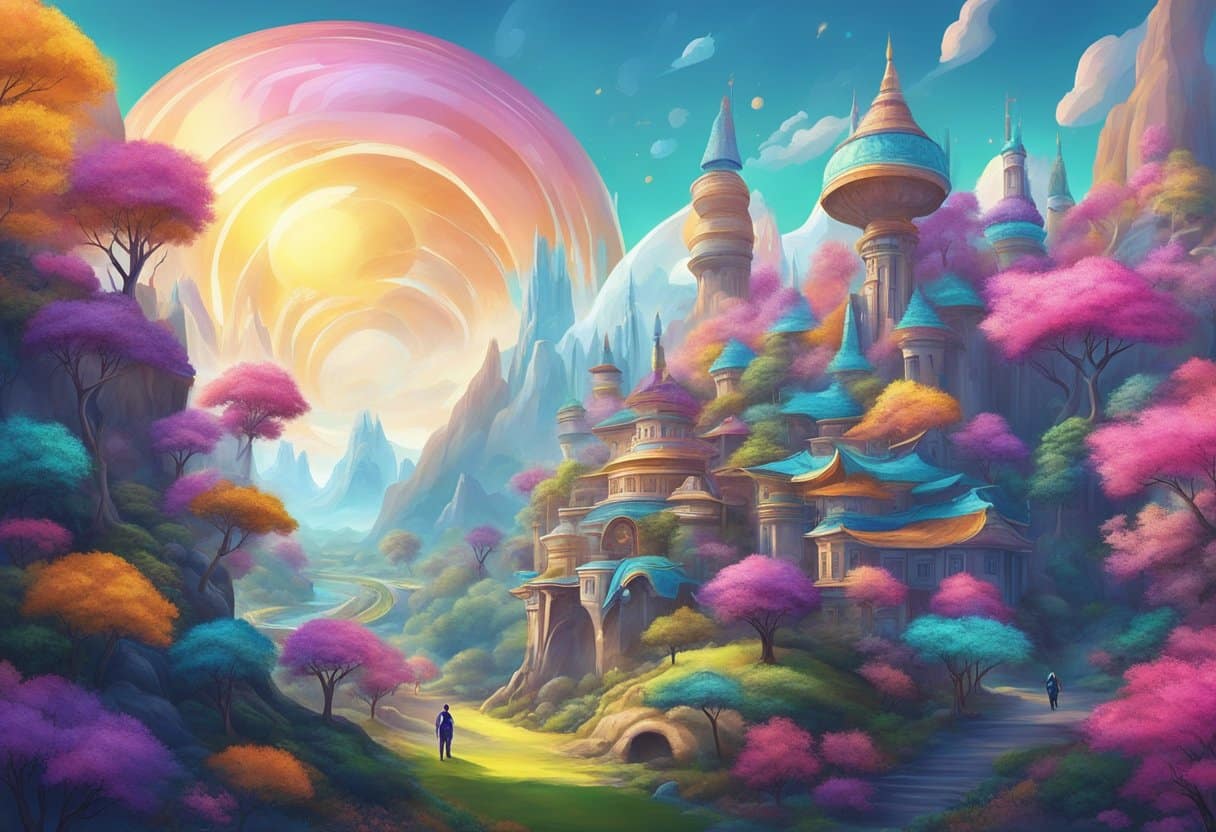 Vibrant colors and dynamic movement in a virtual world, with futuristic technology and fantastical creatures