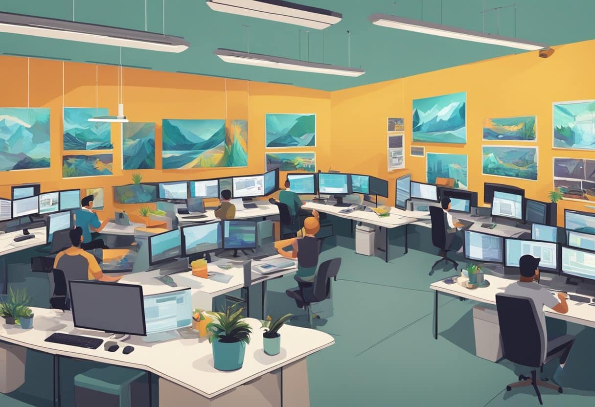 A bustling animation studio in Wales, with employees collaborating on corporate projects. Colorful storyboards line the walls, while computer screens display intricate designs and animations. The atmosphere is creative and professional