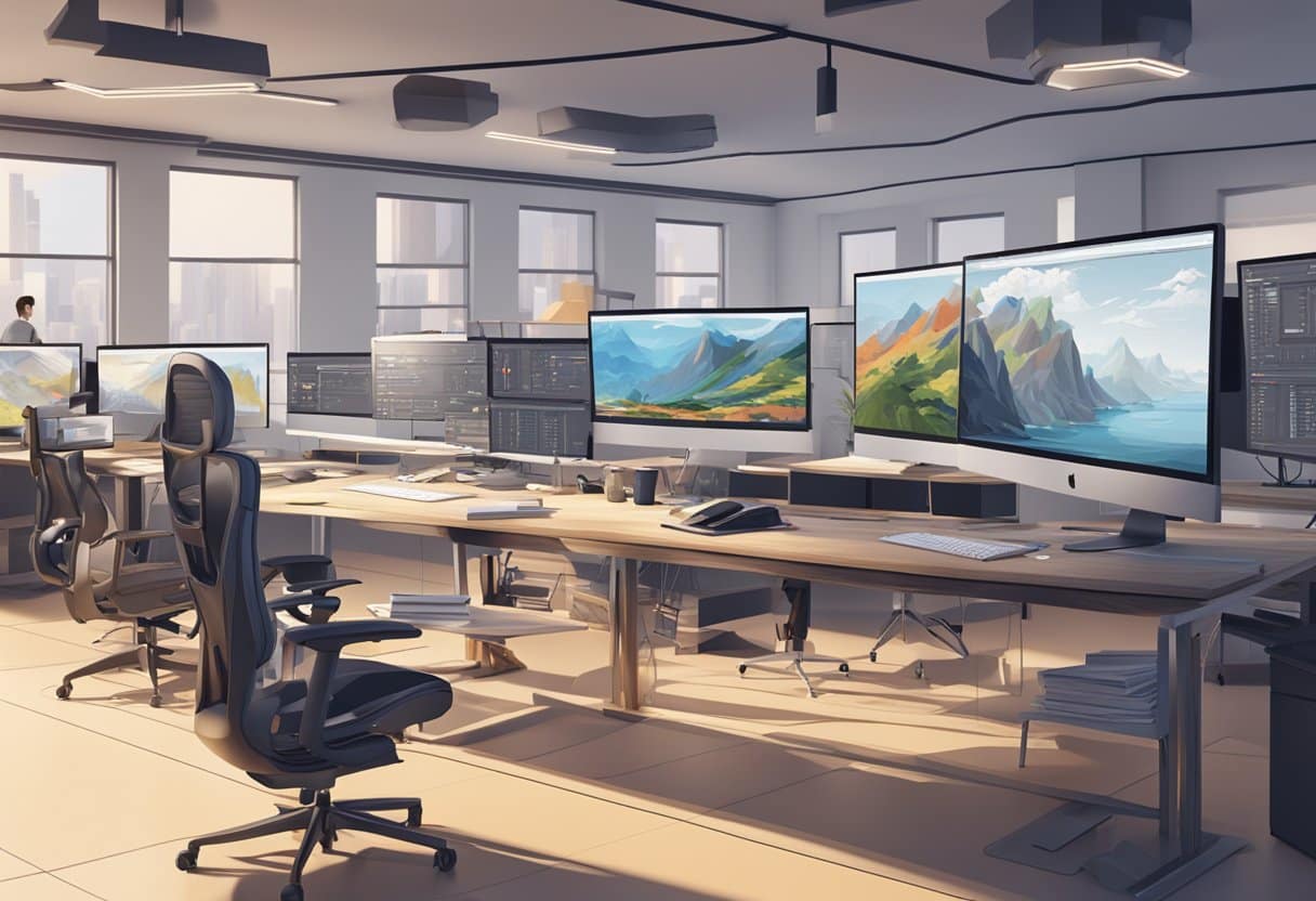 A bustling animation studio, filled with state-of-the-art technology and a team of talented artists, working together to bring corporate projects to life through innovative and captivating visuals