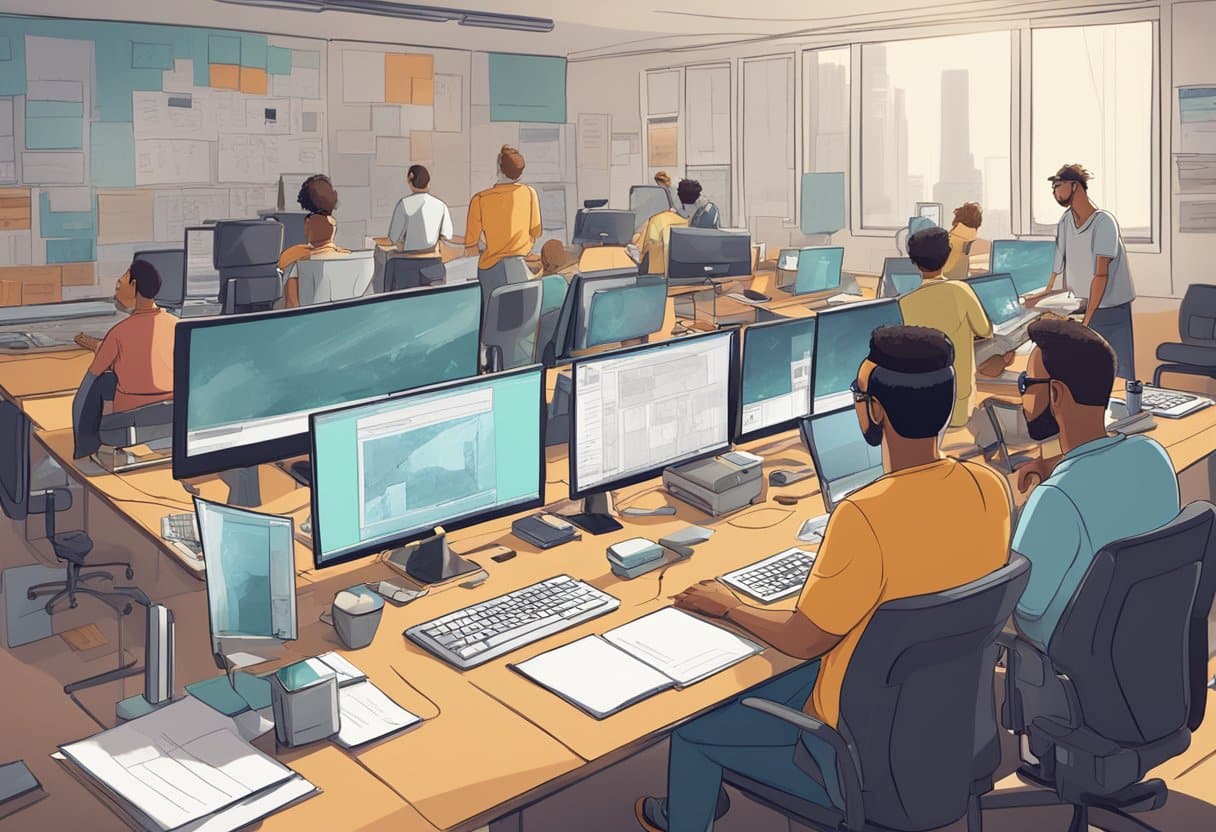 A group of animated characters from different studios work together on a project, surrounded by computer screens and storyboards. The atmosphere is creative and collaborative