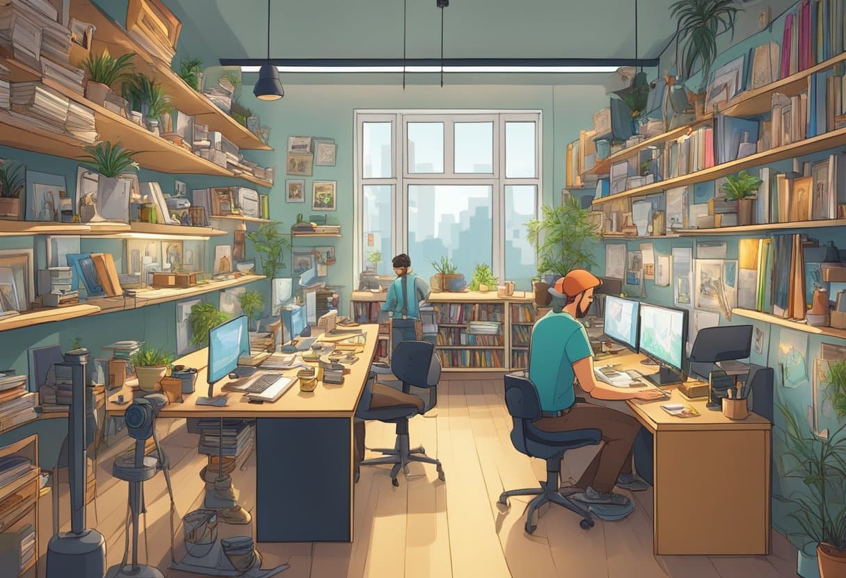 A bustling animation studio filled with busy artists, colorful storyboards, and impressive award trophies lining the shelves. The atmosphere is buzzing with creativity and success