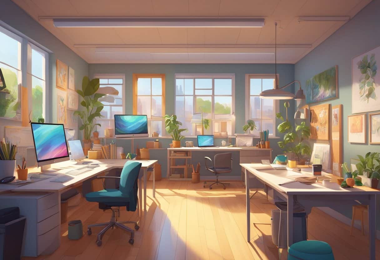 Vibrant studio setting with animation desks, colorful concept art, and lively character sketches on the walls. Bright, natural lighting floods the space, creating an inspiring atmosphere for creative work