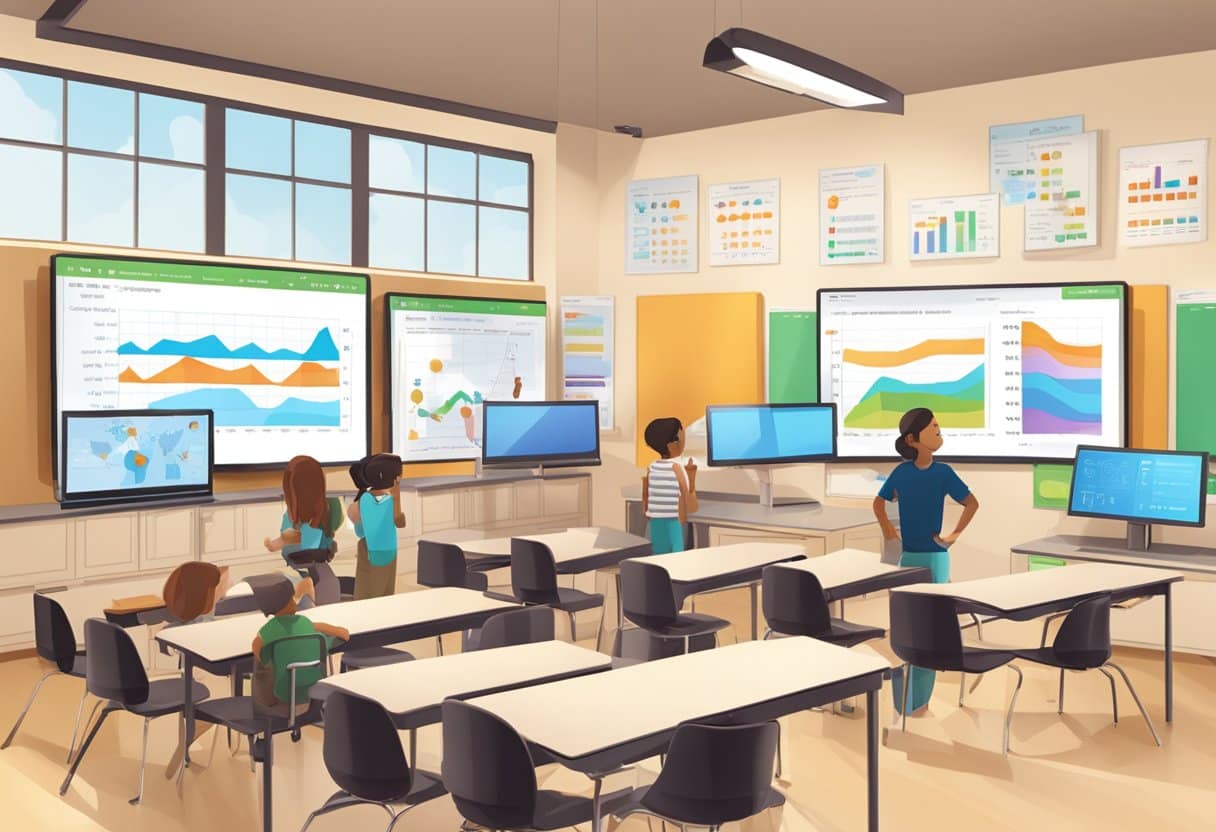 A classroom with digital screens displaying student progress charts and graphs