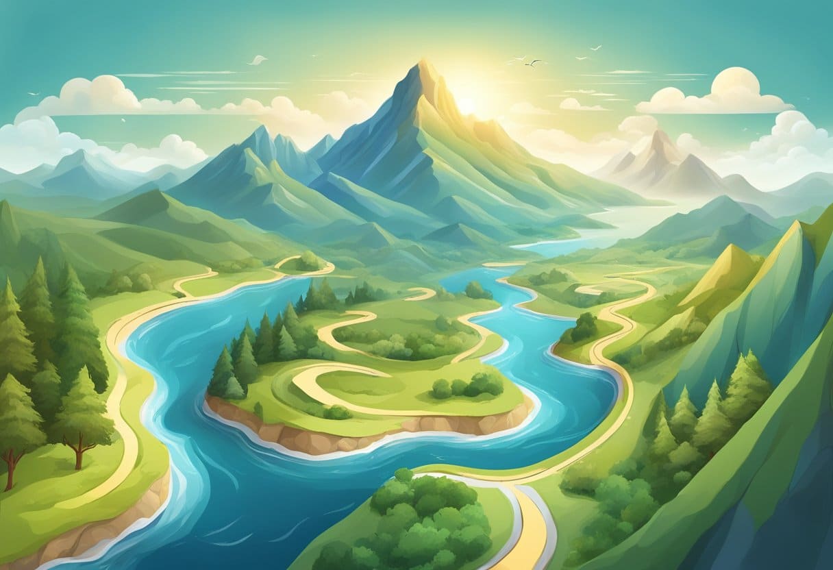 A winding path with various milestones and markers, leading through a diverse landscape of mountains, forests, and seas