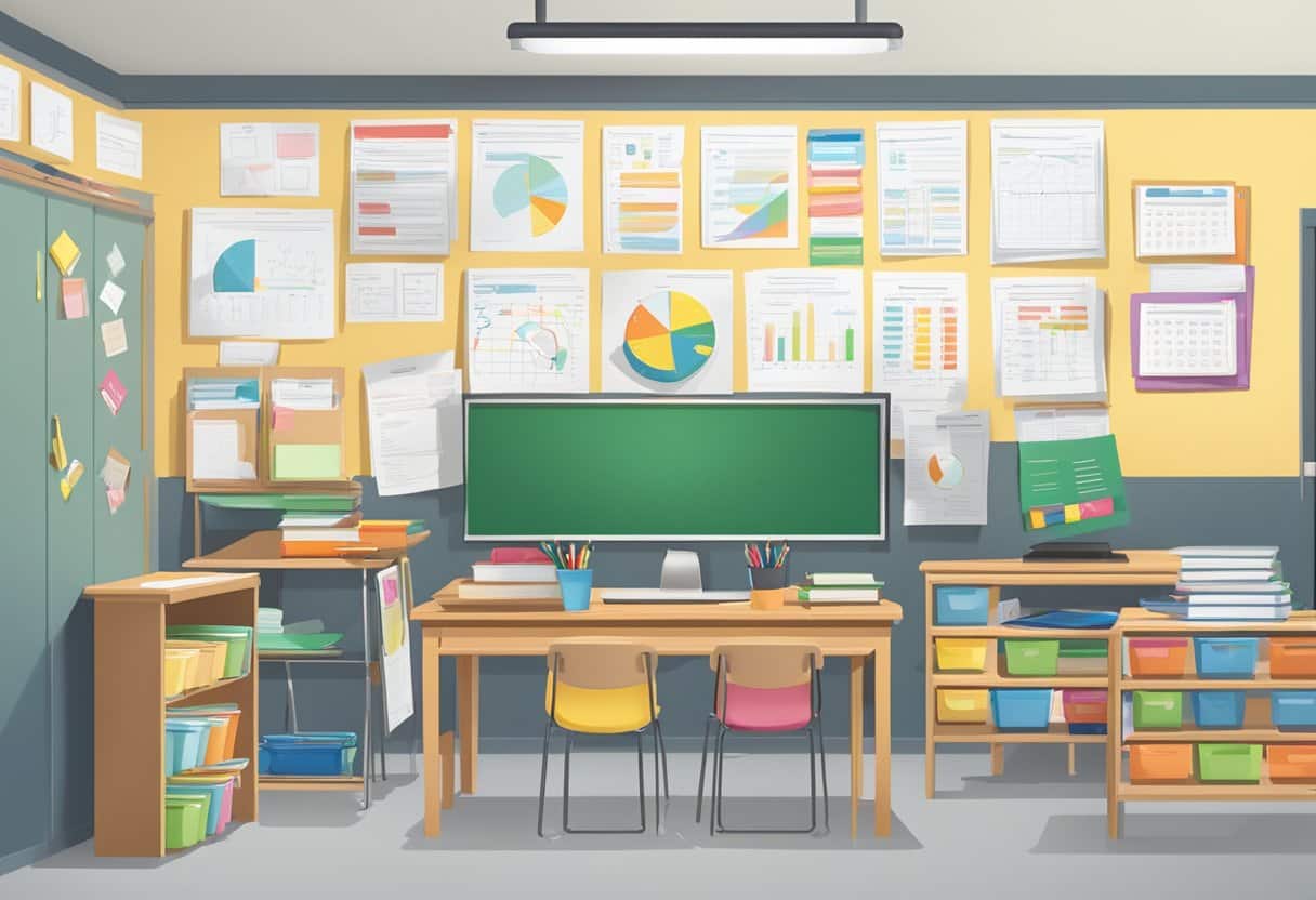 A teacher's desk with lesson plans, assessment tools, and student progress charts arranged neatly