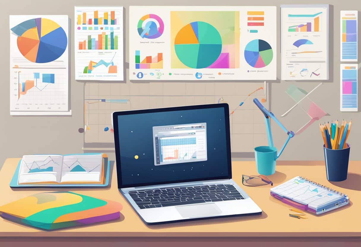 A teacher's desk with a laptop displaying a student progress tracking software, surrounded by colorful charts and graphs on the wall