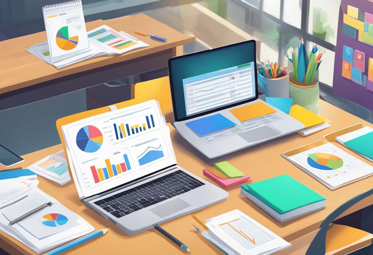 A teacher's desk with a laptop open, surrounded by colorful charts and graphs showing student progress. A clipboard with assessment forms sits nearby