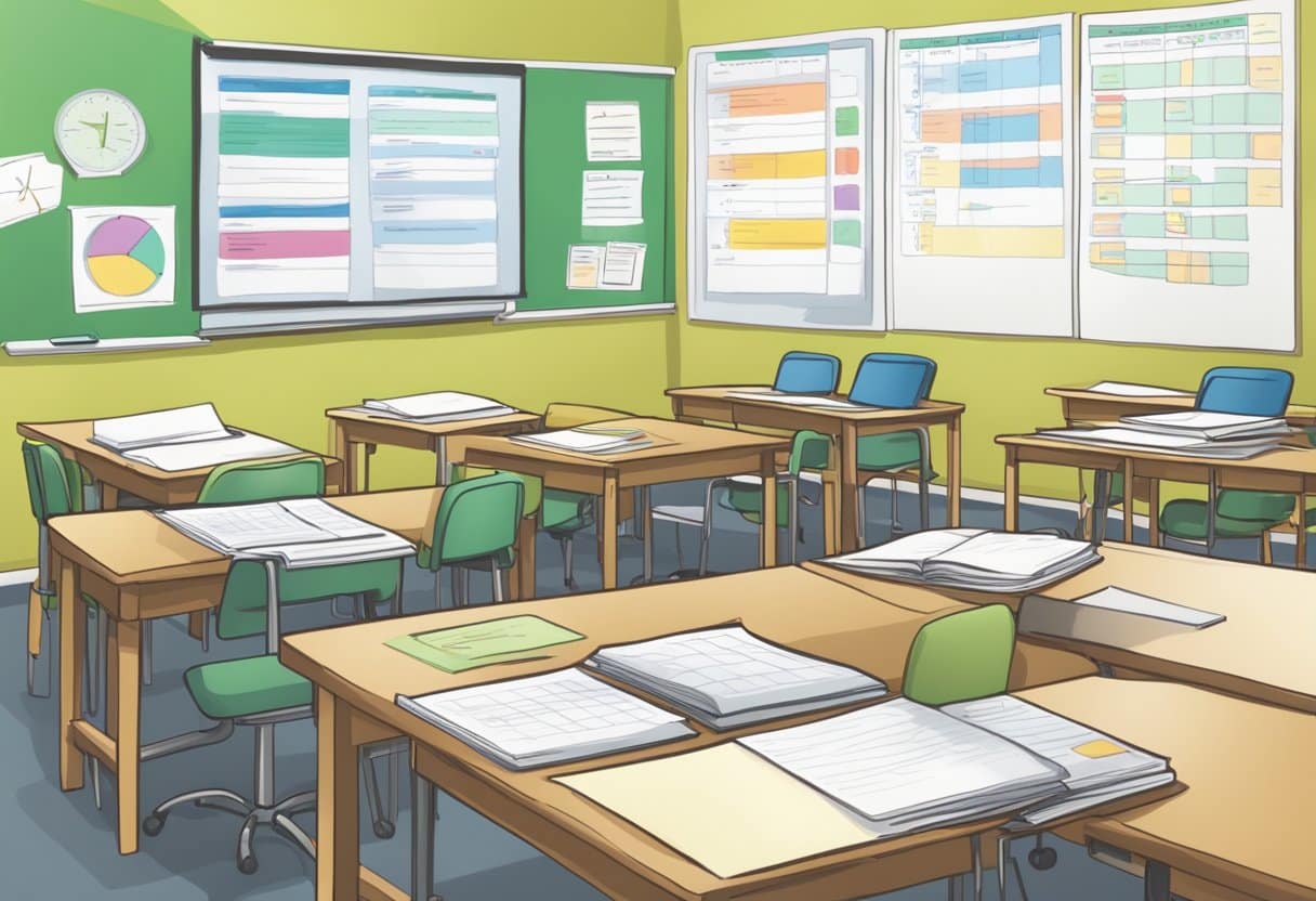 A classroom with various formative assessment tools displayed, such as rubrics, checklists, and self-assessment sheets, while student progress is tracked on a visible chart