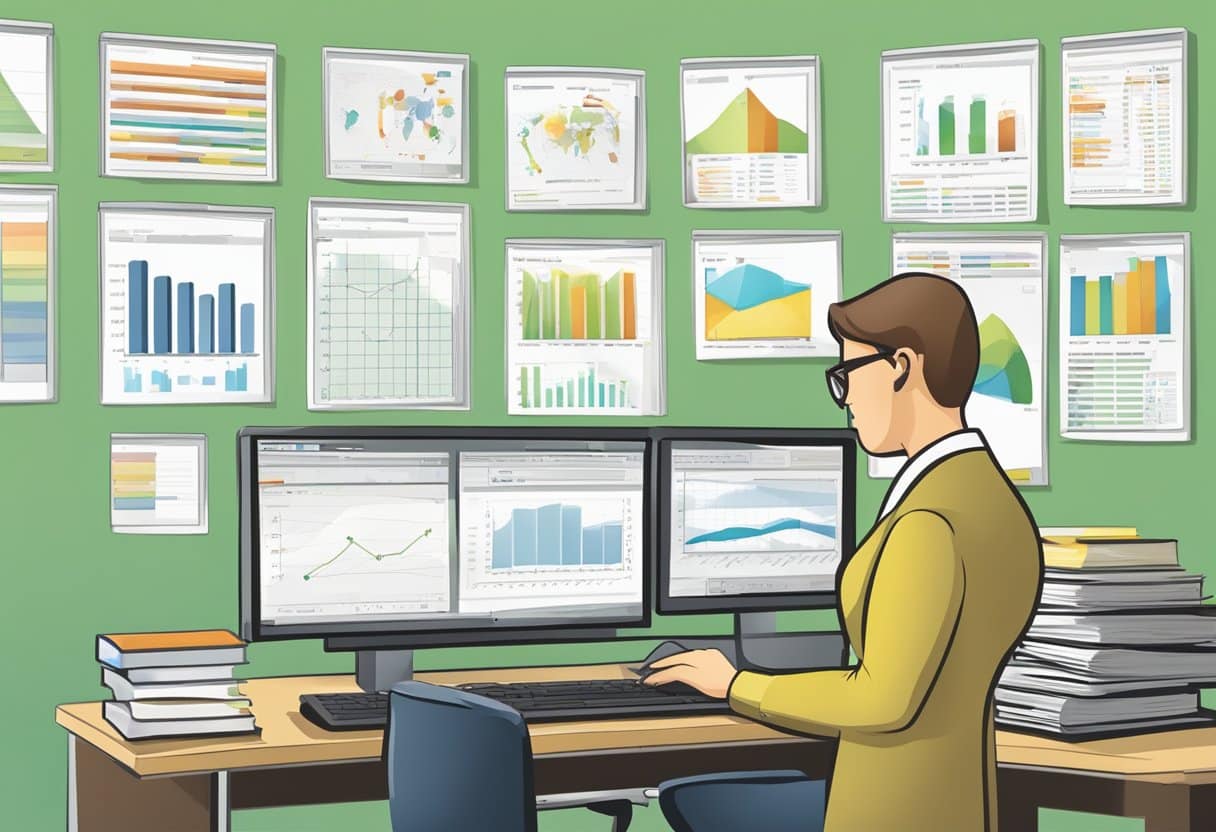A teacher at a desk reviewing student work and inputting data into a computer-based tracking system. A bulletin board displays progress charts and graphs