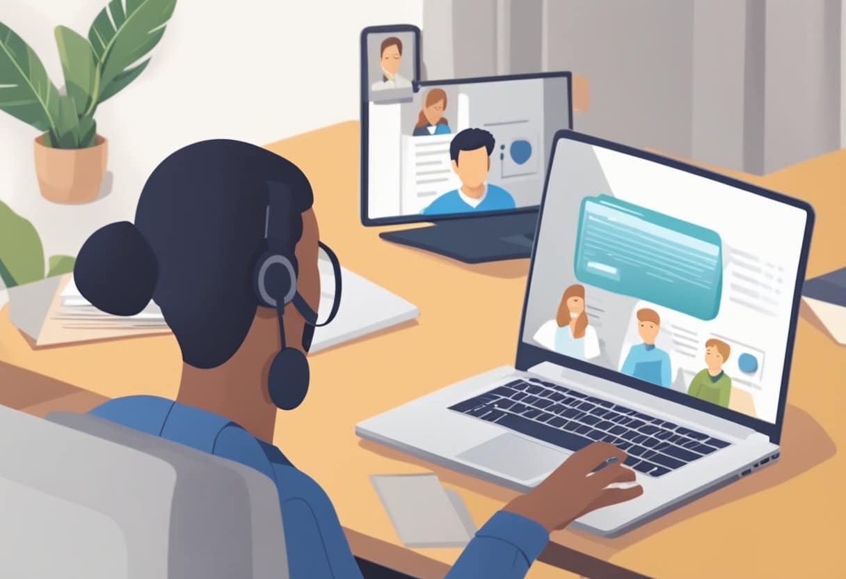 A person watching a language learning video with subtitles on a laptop