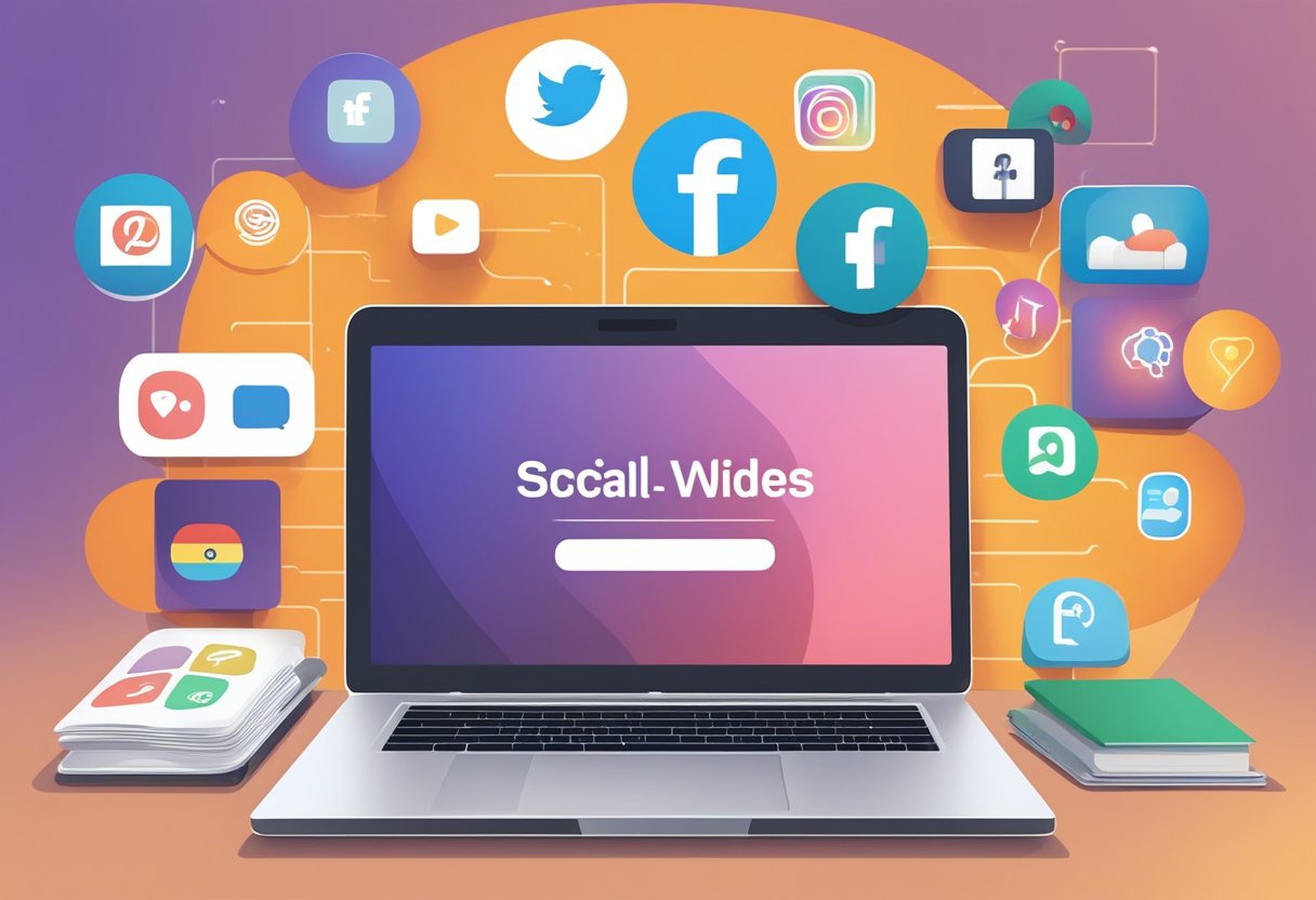 A laptop displaying language learning videos with social media icons in the background