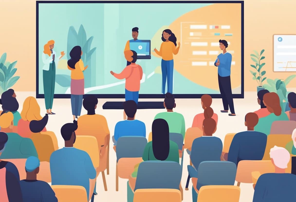 A group of diverse people watch language learning videos on a big screen, practicing speaking with native speakers