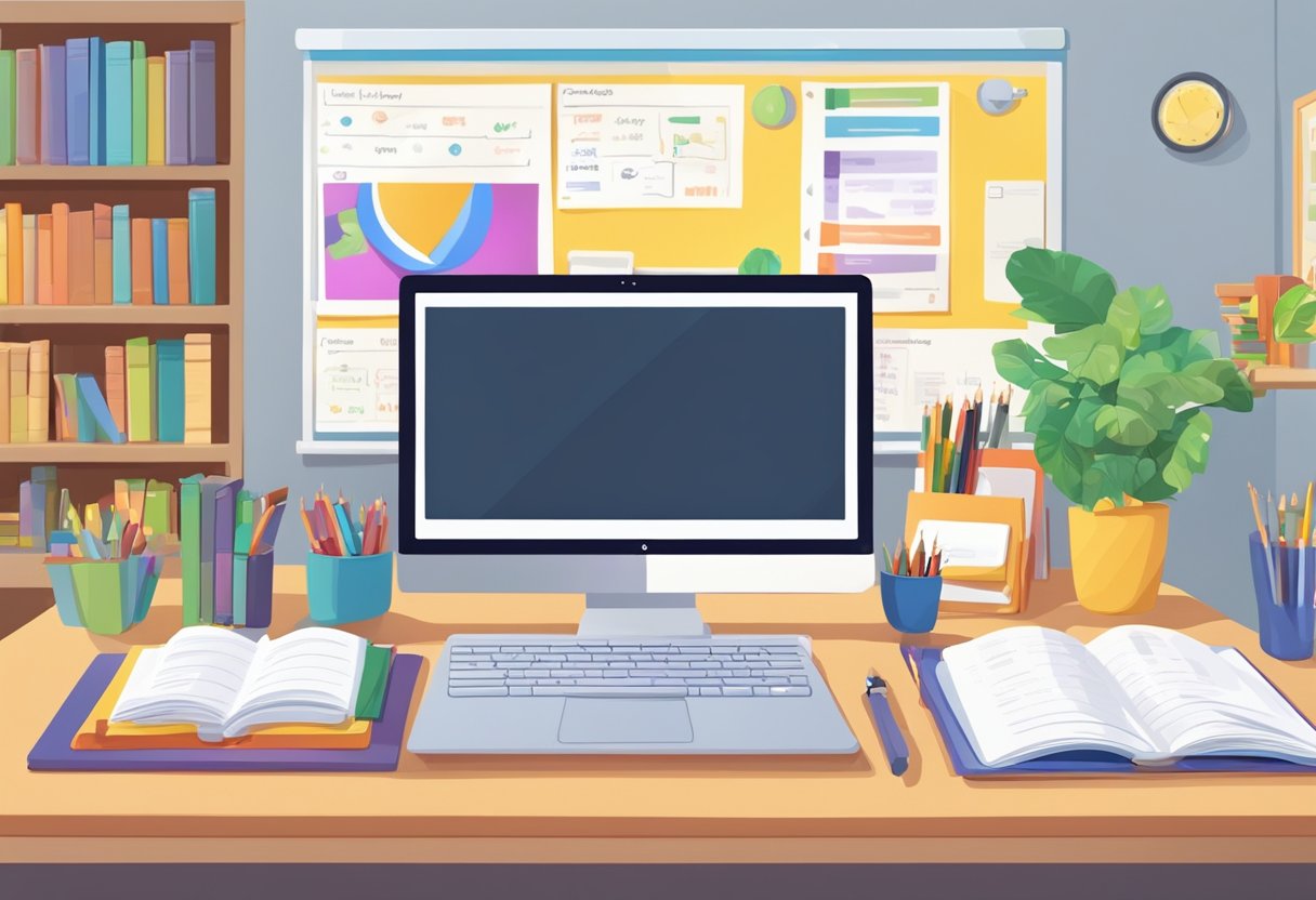 A colorful classroom setting with a whiteboard, books, and various language learning materials. A computer or tablet is playing a language learning video on the screen