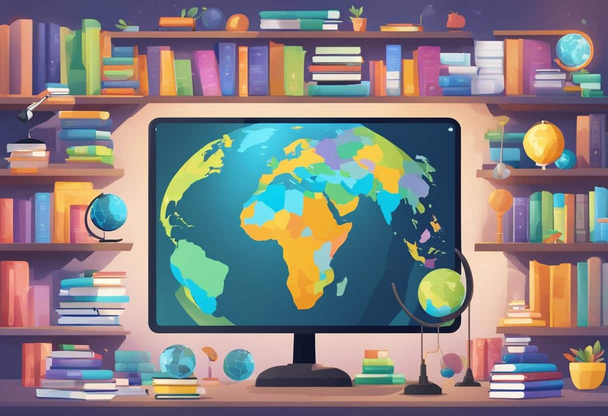 A colorful array of language learning videos displayed on a digital screen, surrounded by books and globes