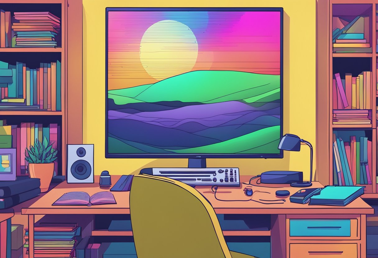 A colorful music video plays on a screen while a book of song lyrics sits open on a desk