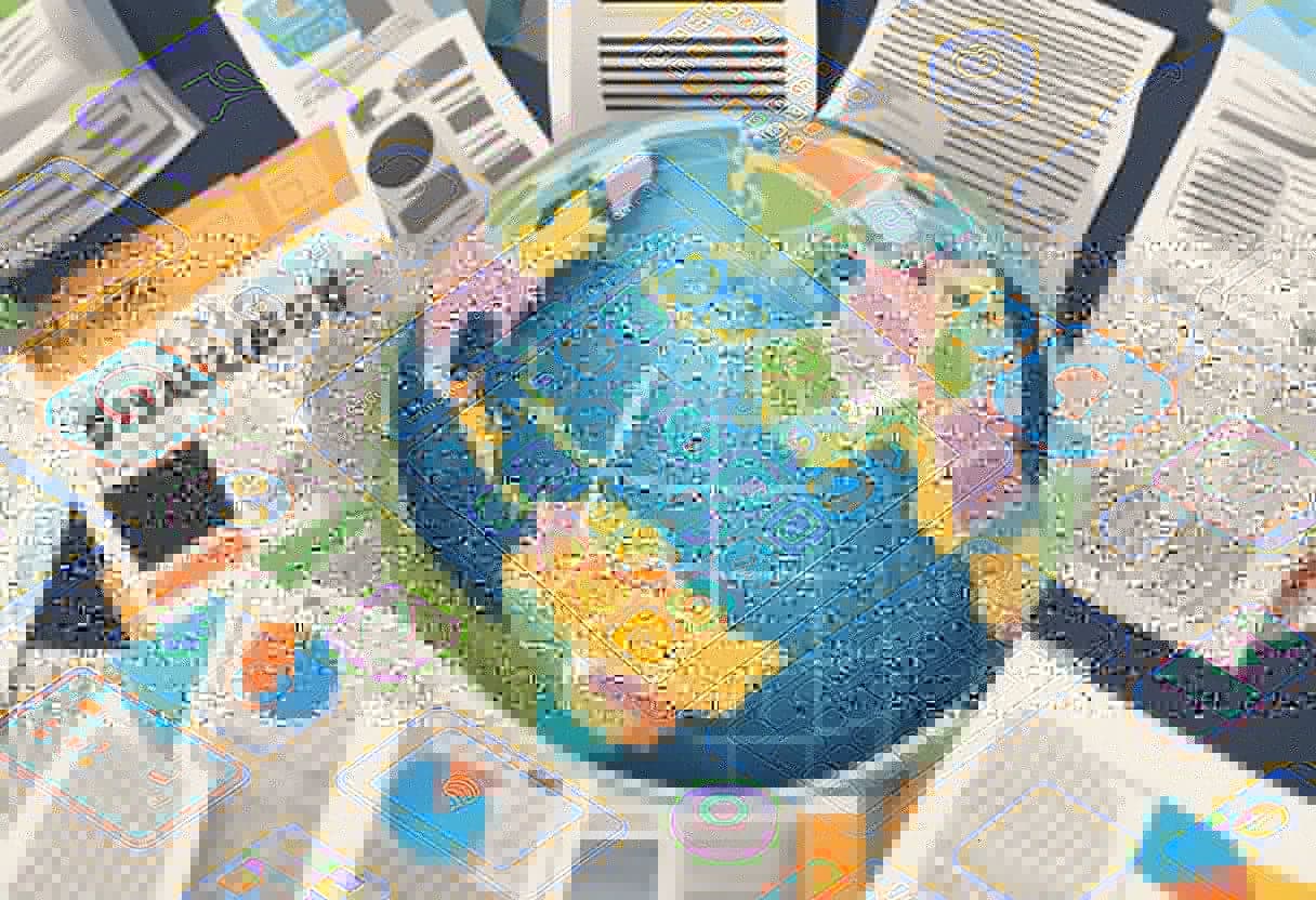 A tablet displaying language learning videos, surrounded by educational apps and quizzes