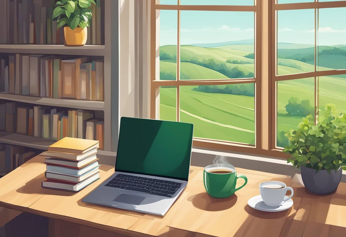A cozy study corner with a laptop, books, and a mug of tea. A window overlooks a green countryside