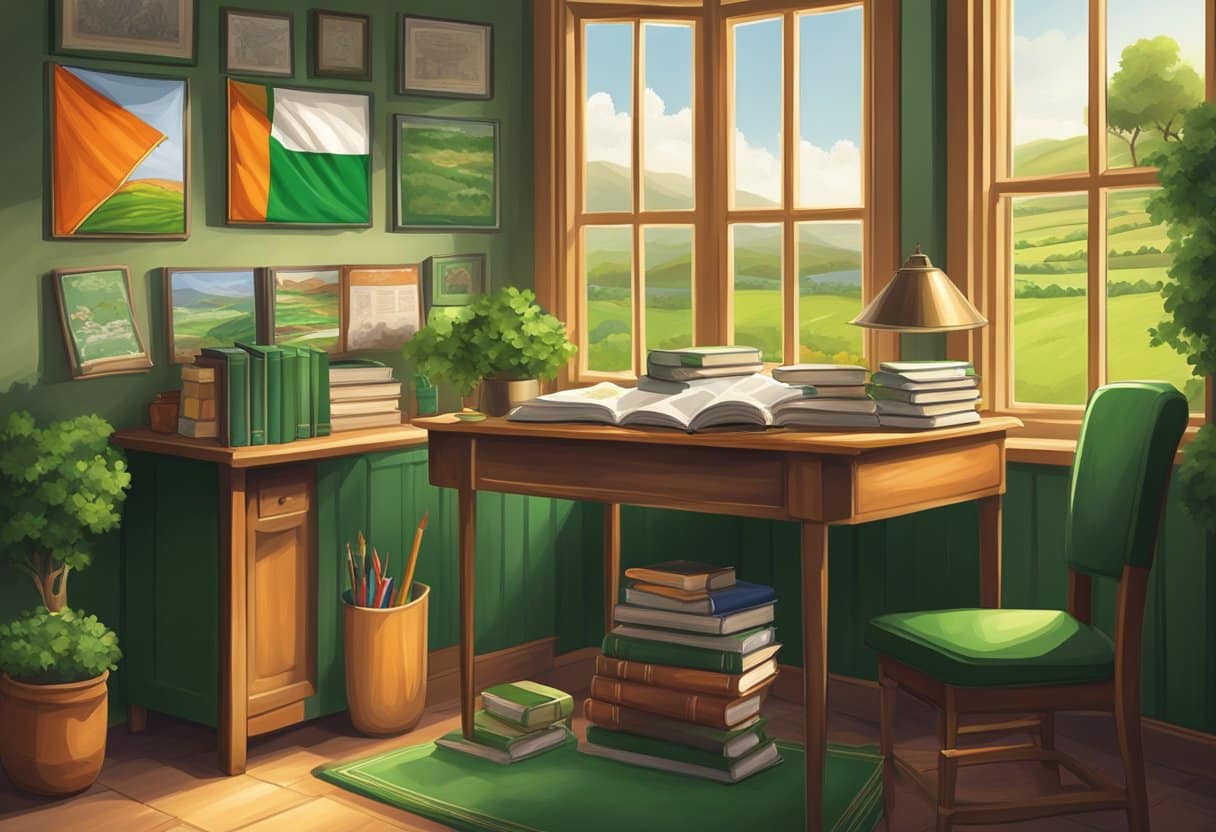 A cozy study room with a desk covered in Irish language textbooks, a traditional Irish flag hanging on the wall, and a window overlooking a green countryside