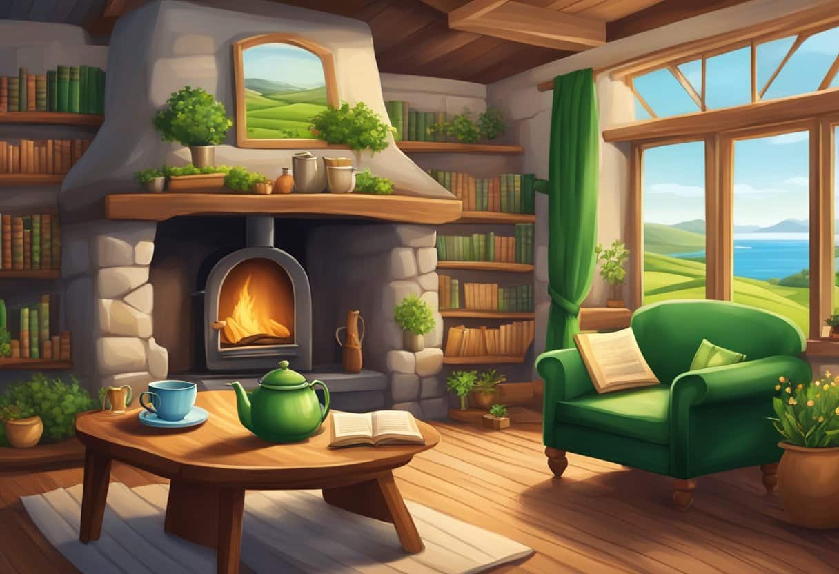 A cozy Irish cottage with a crackling fireplace, shelves of books, and a table set with a teapot and cups. Outside, rolling green hills and a glimpse of the sea