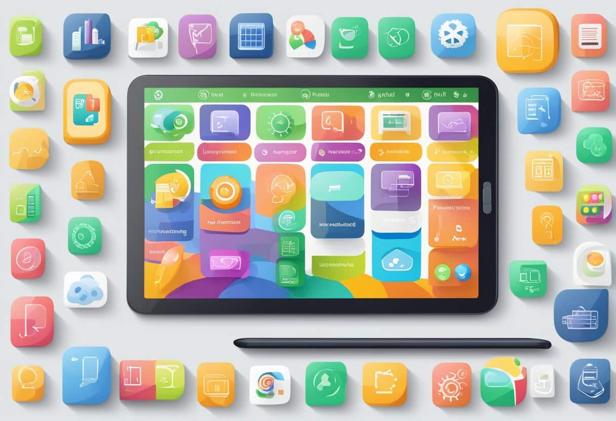 A digital tablet displaying an interactive Irish language learning app, surrounded by colorful icons and graphics representing various digital tools and applications