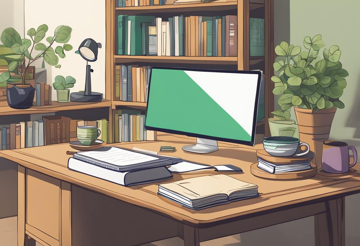A cozy study room with a desk, bookshelf, and Irish language learning materials scattered around. A mug of tea sits beside a notebook