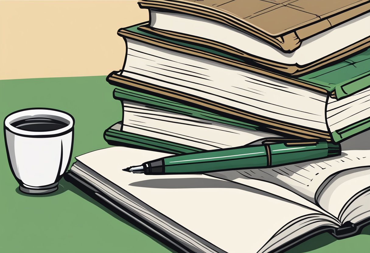 A stack of books on Irish grammar with a pen and notebook beside them