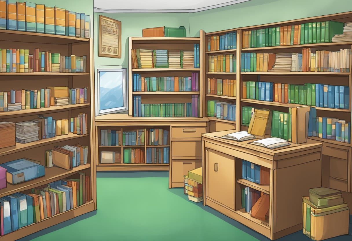 A classroom setting with Irish language textbooks, workbooks, and educational materials displayed on a desk or bookshelf