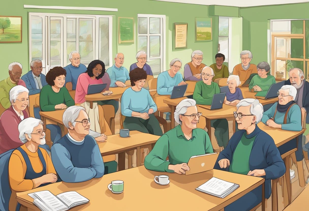 A group of people of different ages and backgrounds engaging in various social and community activities while learning Irish language resources