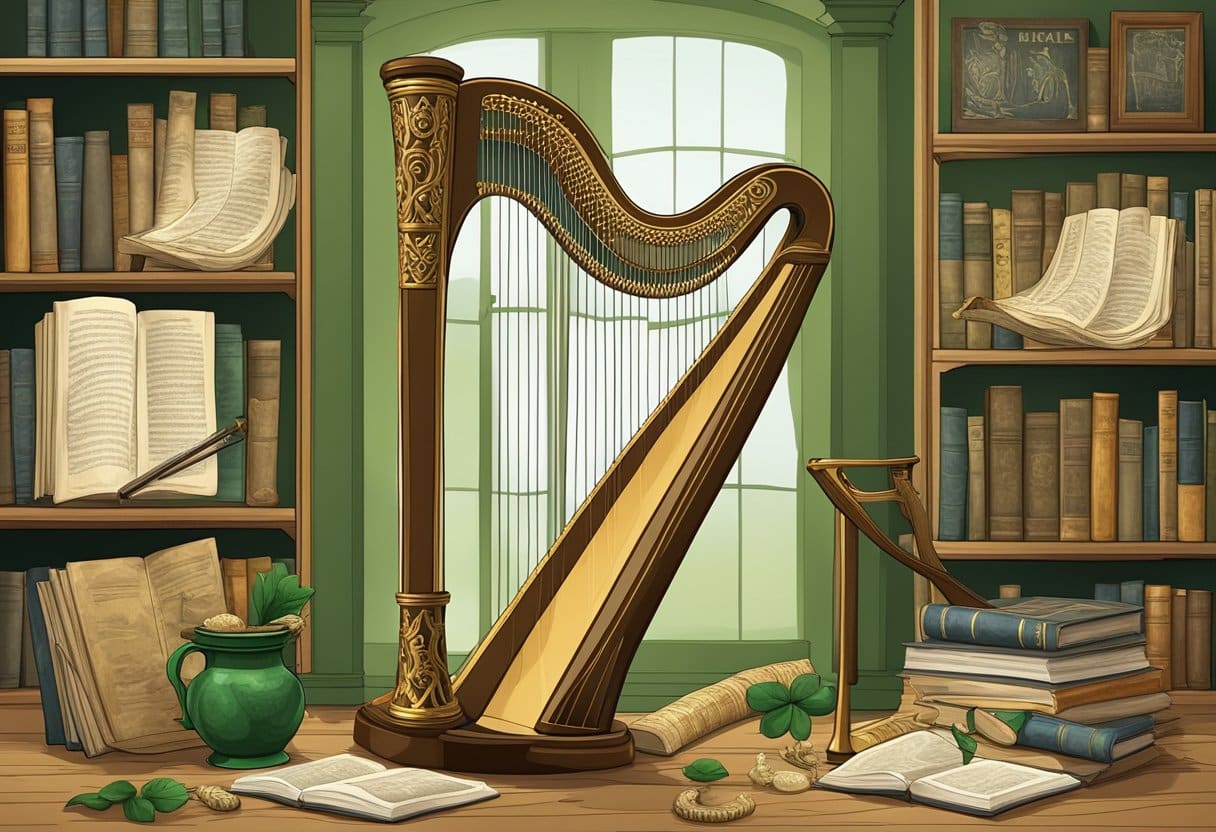 A traditional Irish harp surrounded by books, maps, and artifacts from Irish culture in a museum setting