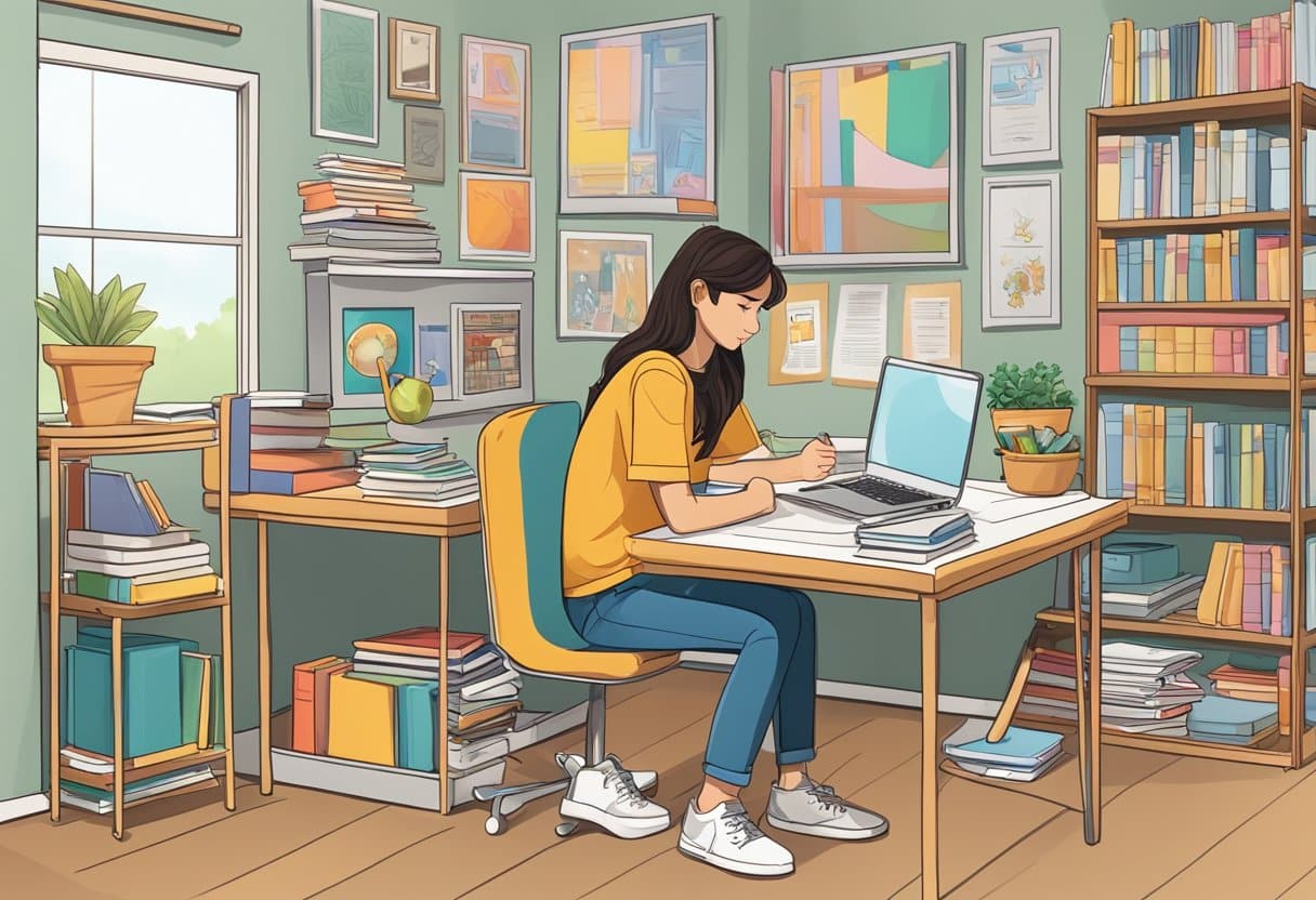 A teenager sits at a desk surrounded by books, a laptop, and school supplies. A poster on the wall displays educational content