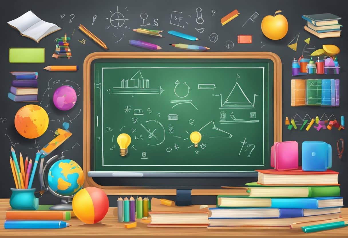 A colorful chalkboard with various educational symbols and diagrams, surrounded by books, pencils, and other school supplies