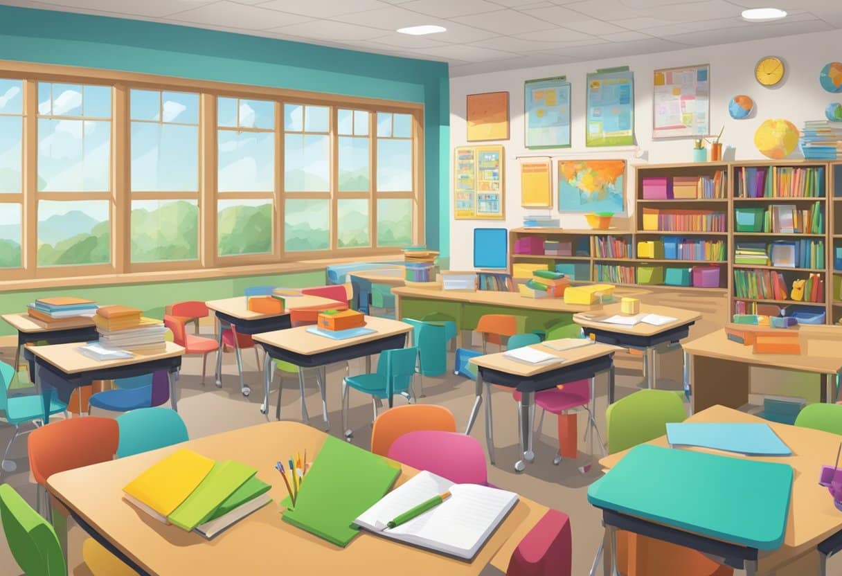 A classroom filled with diverse educational resources and tools for gifted and talented students. Bright colors and engaging materials create an enriching learning environment