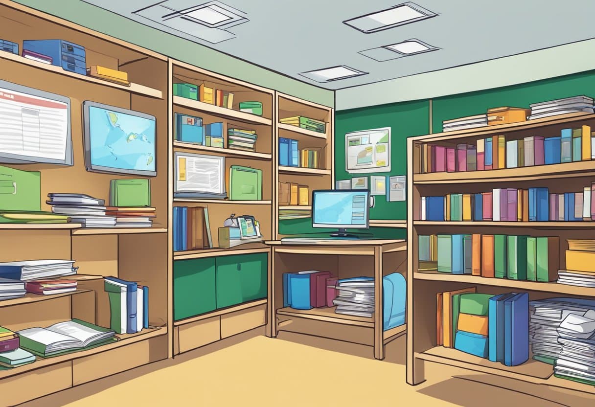 A classroom with various subjects' textbooks and educational materials neatly organized on shelves, a computer displaying a curriculum integration educational video service, and a whiteboard with lesson plans